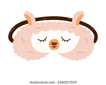 Linda máscara de dormir de dibujos animados en forma de cabeza de llama. Divertida máscara de ojo de animal infantil. Accesorio de Vector dibujado a mano para la hora de dormir para una relajación cómoda. Clipart beige aislado sobre fondo blanco.