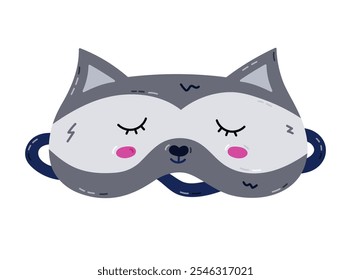 Cute cartoon sleeping mask in the shape of raccoon head. Funny childish animal eye mask with resting raccoon. Hand drawn vector bedtime accessory for comfort dreaming isolated on white background.
