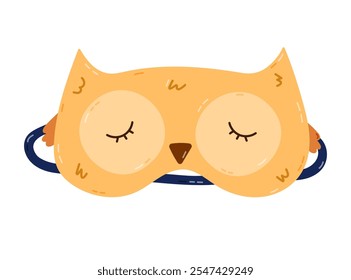 Linda máscara de dormir de dibujos animados en forma de cabeza de búho. Máscara de ojo infantil divertido del animal con el pájaro. Dibujado a mano accesorio de Vector para la hora de dormir para prevenir el insomnio, Clipart colorido aislado sobre fondo blanco.