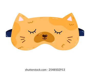 Linda máscara de dormir de dibujos animados en forma de cabeza de gato. Divertida máscara de ojo de animal infantil con gatito cansado. Accesorio de Vector dibujado a mano para la hora de dormir para el sueño de la comodidad aislado en el fondo blanco.