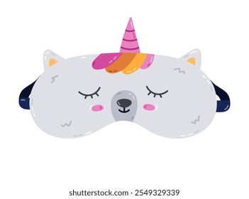 Cute cartoon sleeping mask with unicorn with horn. Funny childish eye mask with head of magical creature. Hand drawn vector bedtime accessory for comfortable dreaming isolated on white background.