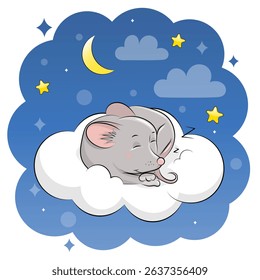 Cute cartoon sleeping mouse on a cloud. Night vector illustration on a blue background with stars and moon.