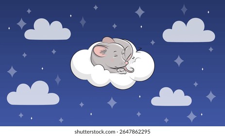 Cute cartoon sleeping Mouse on a cloud. Night vector illustration on a blue background with stars and clouds.