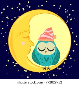 cute cartoon sleeping owl in circles with closed eyes sits on a drowsy crescent among the stars