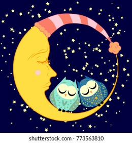 cute cartoon sleeping owl in circles with closed eyes sits on a drowsy crescent among the stars