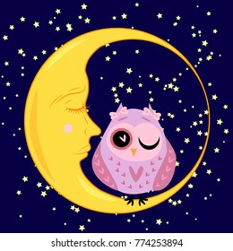 cute cartoon sleeping owl in circles with closed eyes sits on a drowsy crescent among the stars