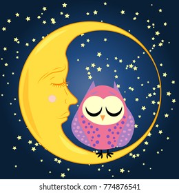 cute cartoon sleeping owl in circles with closed eyes sits on a drowsy crescent among the stars