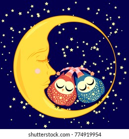 cute cartoon sleeping owl in circles with closed eyes sits on a drowsy crescent among the stars