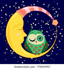 cute cartoon sleeping owl in circles with closed eyes sits on a drowsy crescent among the stars