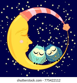 cute cartoon sleeping owl in circles with closed eyes sits on a drowsy crescent among the stars