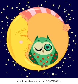 cute cartoon sleeping owl in circles with closed eyes sits on a drowsy crescent among the stars