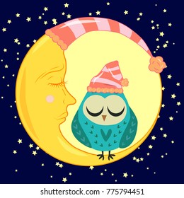cute cartoon sleeping owl in circles with closed eyes sits on a drowsy crescent among the stars