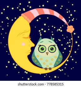 cute cartoon sleeping owl in circles with closed eyes sits on a drowsy crescent among the stars