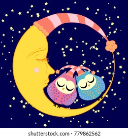 cute cartoon sleeping owl in circles with closed eyes sits on a drowsy crescent among the stars