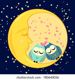 cute cartoon sleeping owl in circles with closed eyes sits on a drowsy crescent among the stars
