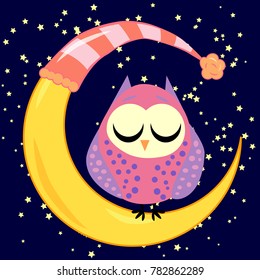 cute cartoon sleeping owl in circles with closed eyes sits on a drowsy crescent among the stars
