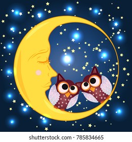 cute cartoon sleeping owl in circles with closed eyes sits on a drowsy crescent among the stars