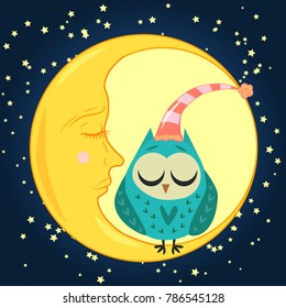 cute cartoon sleeping owl in circles with closed eyes sits on a drowsy crescent among the stars