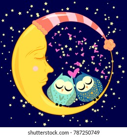 cute cartoon sleeping owl in circles with closed eyes sits on a drowsy crescent among the stars