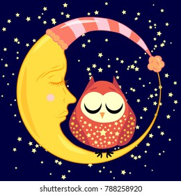 cute cartoon sleeping owl in circles with closed eyes sits on a drowsy crescent among the stars