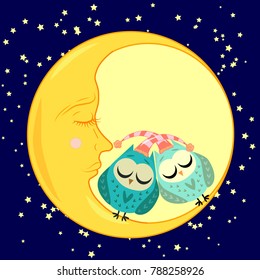 cute cartoon sleeping owl in circles with closed eyes sits on a drowsy crescent among the stars