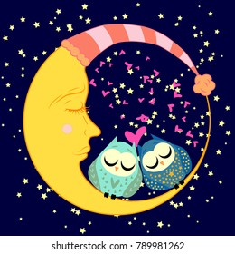 cute cartoon sleeping owl in circles with closed eyes sits on a drowsy crescent among the stars