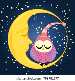 cute cartoon sleeping owl in circles with closed eyes sits on a drowsy crescent among the stars