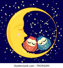 cute cartoon sleeping owl in circles with closed eyes sits on a drowsy crescent among the stars