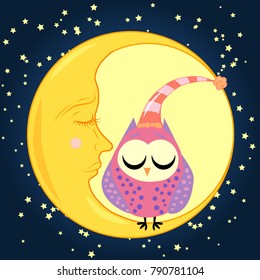 cute cartoon sleeping owl in circles with closed eyes sits on a drowsy crescent among the stars