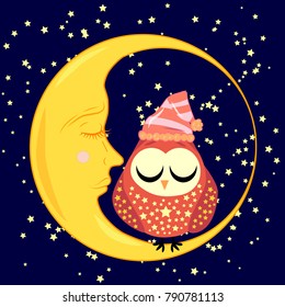 cute cartoon sleeping owl in circles with closed eyes sits on a drowsy crescent among the stars