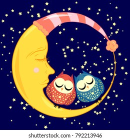 cute cartoon sleeping owl in circles with closed eyes sits on a drowsy crescent among the stars