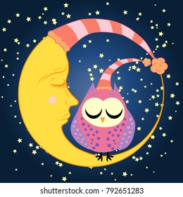 cute cartoon sleeping owl in circles with closed eyes sits on a drowsy crescent among the stars