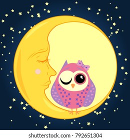 cute cartoon sleeping owl in circles with closed eyes sits on a drowsy crescent among the stars