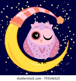cute cartoon sleeping owl in circles with closed eyes sits on a drowsy crescent among the stars