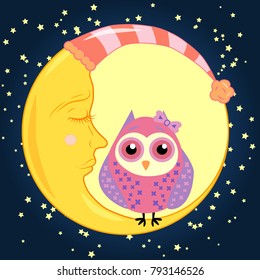 cute cartoon sleeping owl in circles with closed eyes sits on a drowsy crescent among the stars