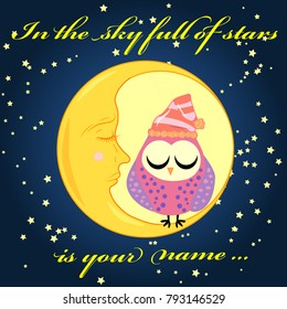 cute cartoon sleeping owl in circles with closed eyes sits on a drowsy crescent among the stars