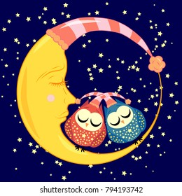 cute cartoon sleeping owl in circles with closed eyes sits on a drowsy crescent among the stars