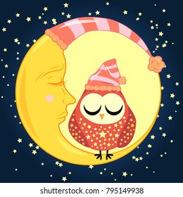 cute cartoon sleeping owl in circles with closed eyes sits on a drowsy crescent among the stars