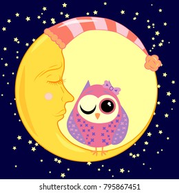 cute cartoon sleeping owl in circles with closed eyes sits on a drowsy crescent among the stars