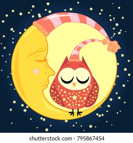 cute cartoon sleeping owl in circles with closed eyes sits on a drowsy crescent among the stars