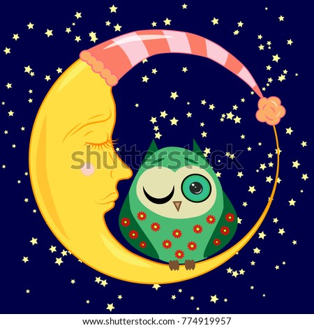 cute cartoon sleeping owl in circles with closed eyes sits on a drowsy crescent among the stars