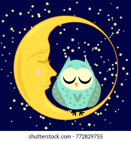 cute cartoon sleeping owl in hearts with closed eyes sits on a drowsy crescent among the stars
