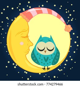 cute cartoon sleeping owl in hearts with closed eyes sits on a drowsy crescent among the stars