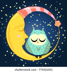 cute cartoon sleeping owl in hearts with closed eyes sits on a drowsy crescent among the stars