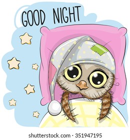 Cute Cartoon Sleeping Owl with a hood in a bed

