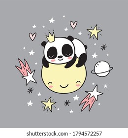 Cute cartoon sleeping panda on Moon