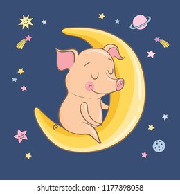 Cute cartoon sleeping pig with closed eyes sits on crescent among the stars