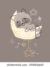 Cute cartoon sleeping raccoon on a moon. Print for baby posters, cards, clothes. Vector cartoon illustration.