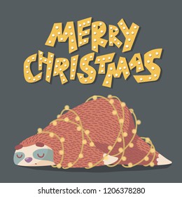 cute cartoon sleeping sloth in christmas garland with lights.hand drawn lettering quote-merry christmas.christmas card design
