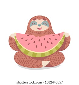 cute cartoon sleeping sloth with watermelon slice